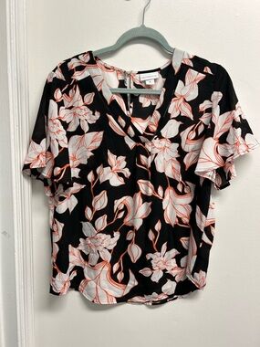 Liz Claiborne Black Floral V-Neck Blouse with Coral and White Accents